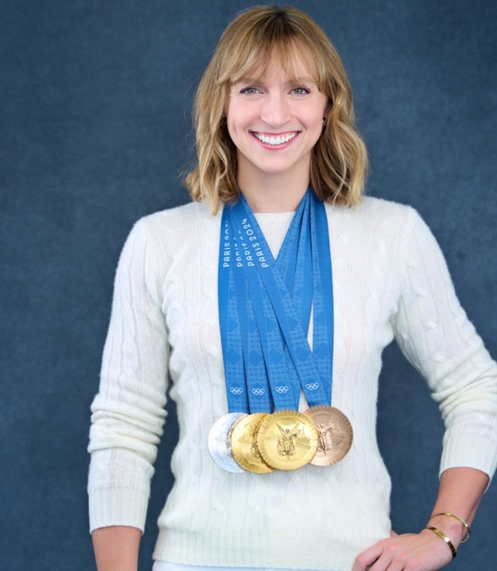 Katie Ledecky wearing her Paris 2024 medals