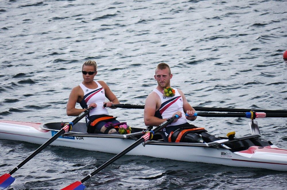 Oksana Masters and Rob Jones rowing a double scull