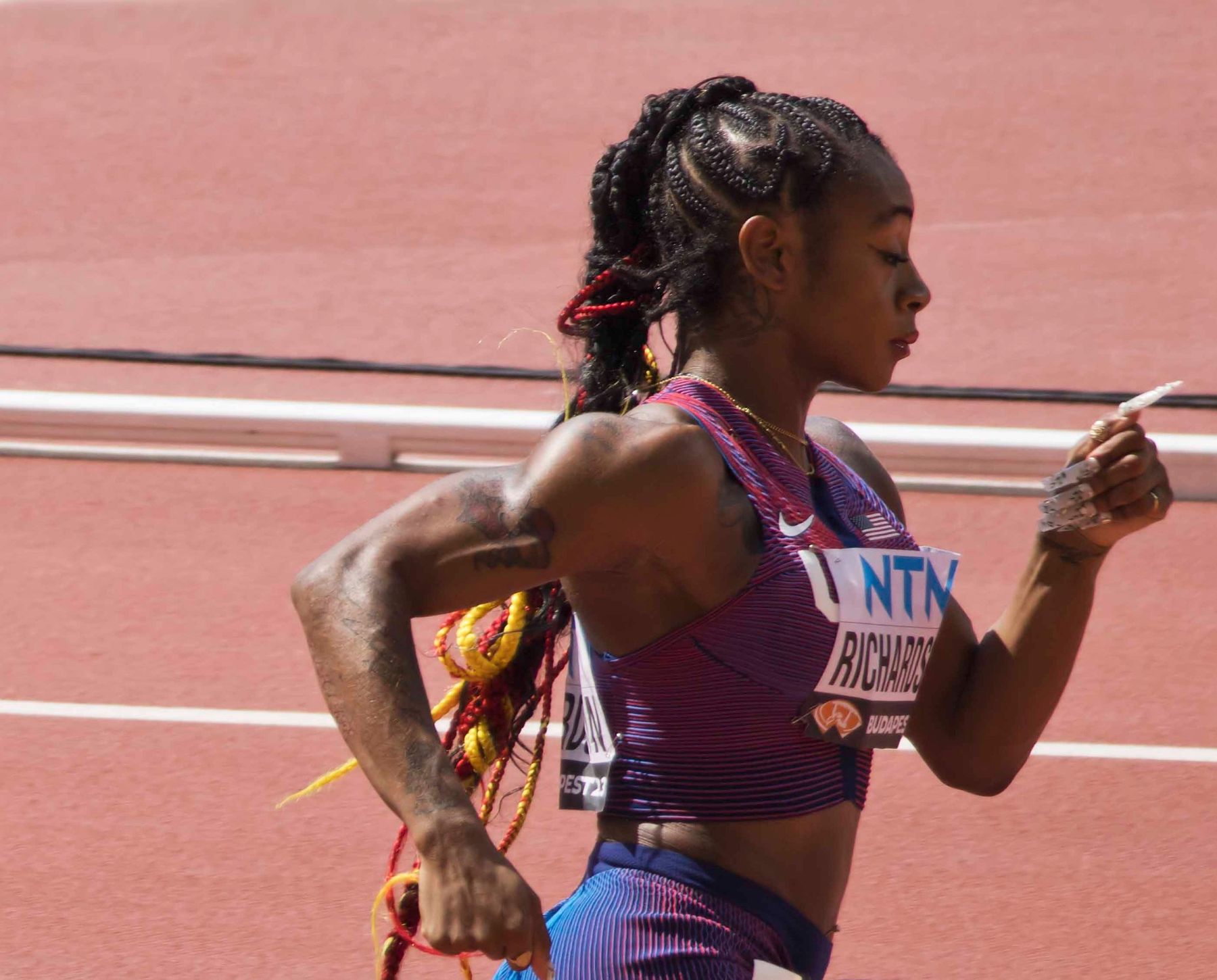 Sha&rsquo;Carri Richardson running in Budapest, 2023
