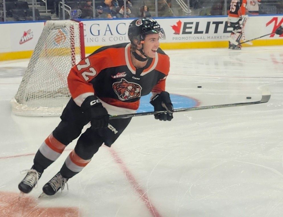 Gavin McKenna skating in warmups for the Medicine Hat Tigers, November 2024